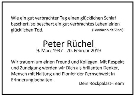 Traueranzeige Peter Rüchel Kölner Stadtanzeiger